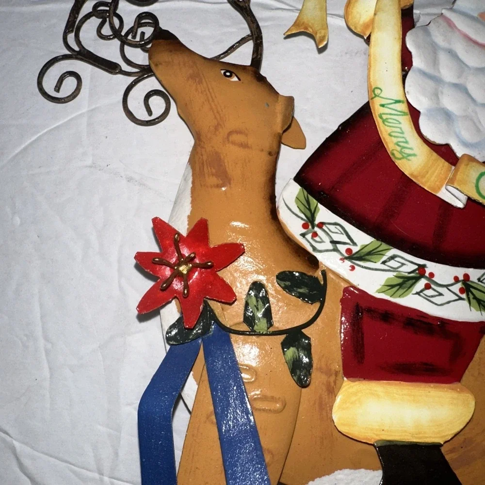 Metal Christmas Red Santa And Brown Reindeer Holiday Wall Decor 8x10‎
